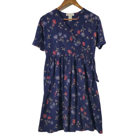 Vintage Eddie Bauer Floral Dress Size S Surplice Neckline Blue Knee-Length Women - Picture 1 of 9